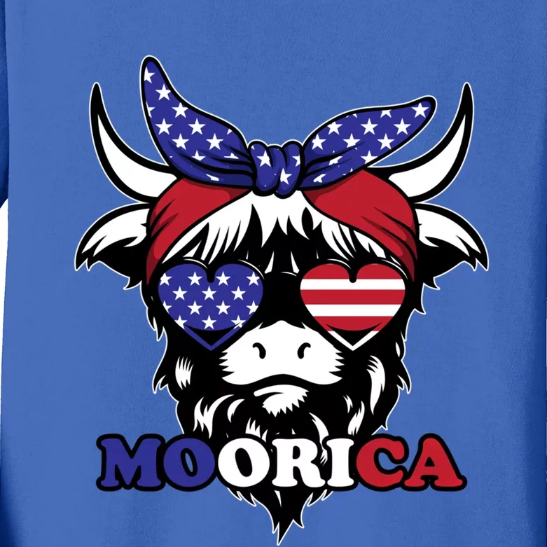 Moorica Highland Cow Fourth 4th Of July Usa Patriotic Cow Gift Kids Long Sleeve Shirt