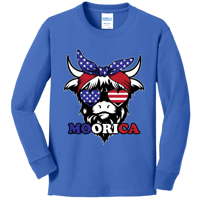 Moorica Highland Cow Fourth 4th Of July Usa Patriotic Cow Gift Kids Long Sleeve Shirt