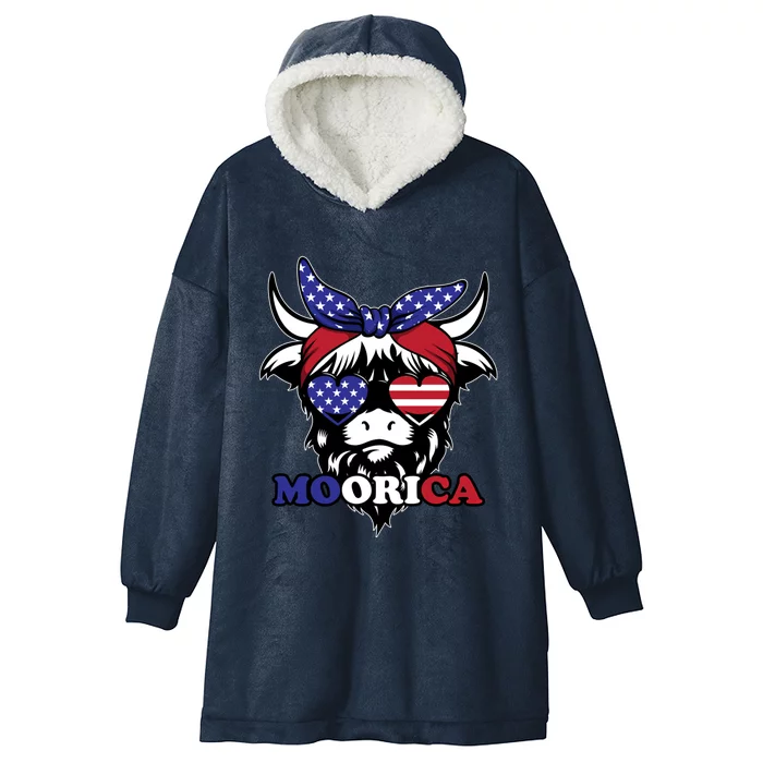 Moorica Highland Cow Fourth 4th Of July Usa Patriotic Cow Gift Hooded Wearable Blanket