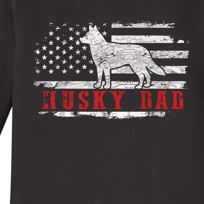 Men Husky Dad Distressed American Flag Patriotic Dog Baby Long Sleeve Bodysuit