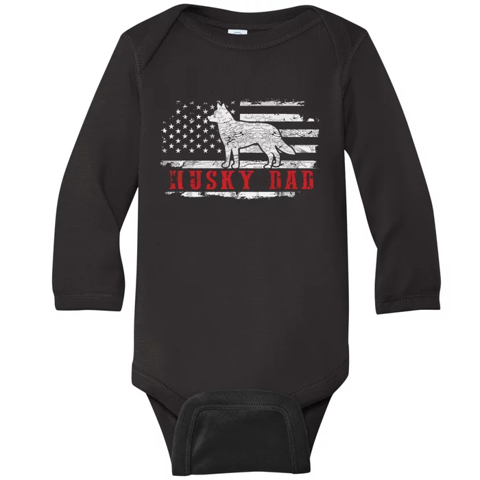 Men Husky Dad Distressed American Flag Patriotic Dog Baby Long Sleeve Bodysuit