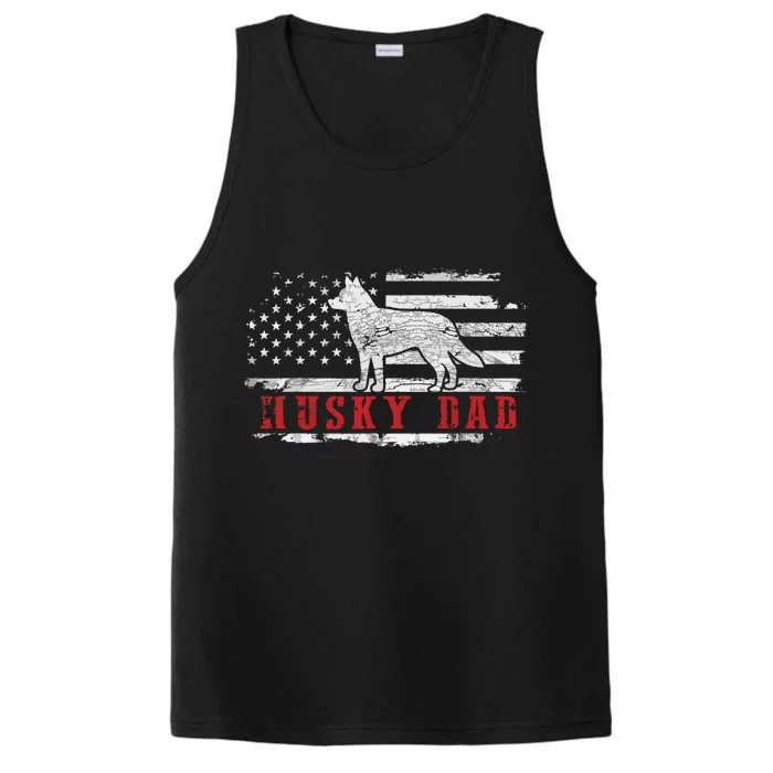 Men Husky Dad Distressed American Flag Patriotic Dog Performance Tank