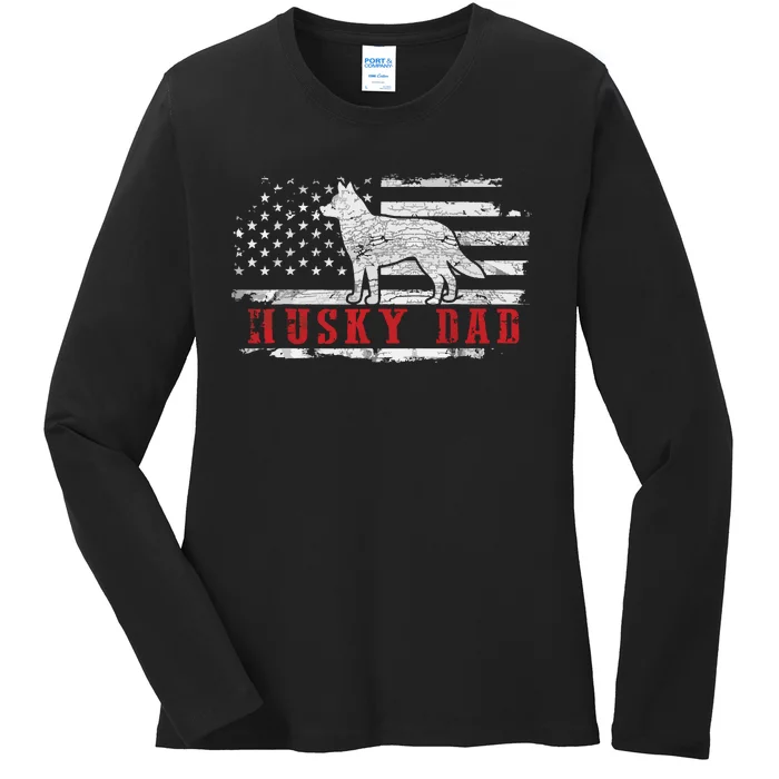 Men Husky Dad Distressed American Flag Patriotic Dog Ladies Long Sleeve Shirt