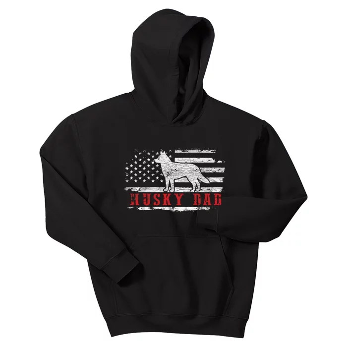 Men Husky Dad Distressed American Flag Patriotic Dog Kids Hoodie