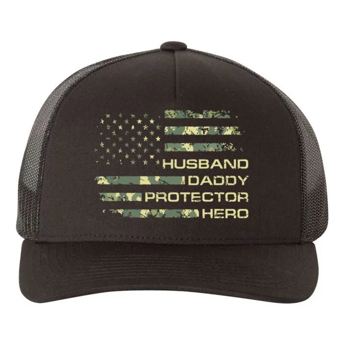 Men Husband Daddy Protector Hero Fathers Day Camo American Flag Yupoong Adult 5-Panel Trucker Hat