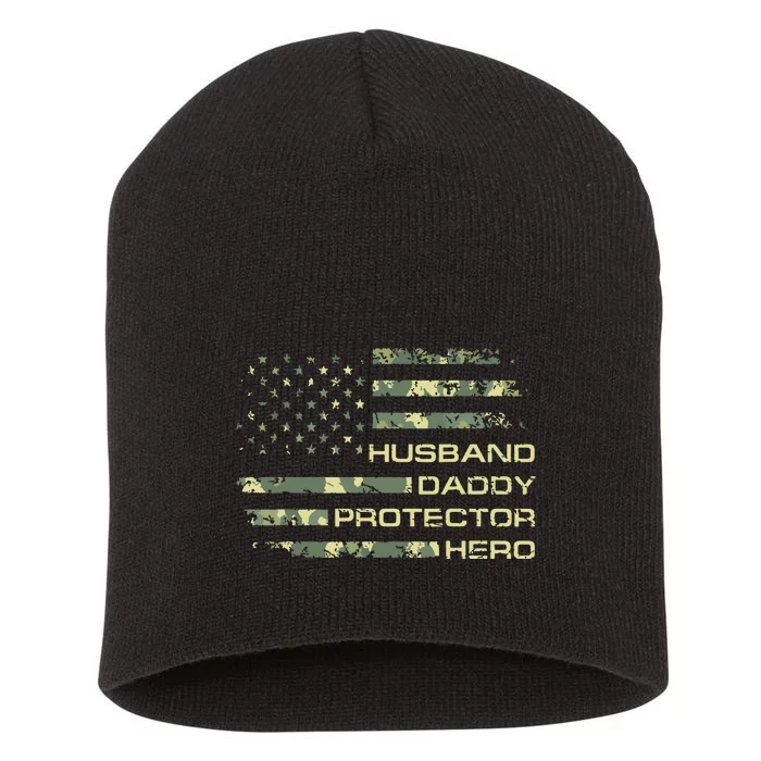 Men Husband Daddy Protector Hero Fathers Day Camo American Flag Short Acrylic Beanie