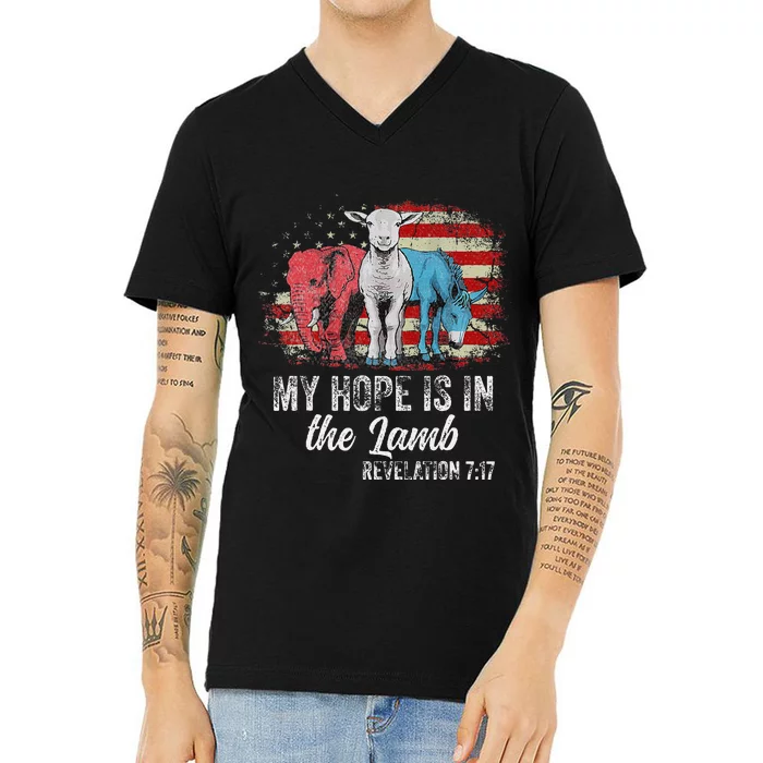 My Hope Is In The Lamb Funny Scripture Elephant Donkey Us V-Neck T-Shirt