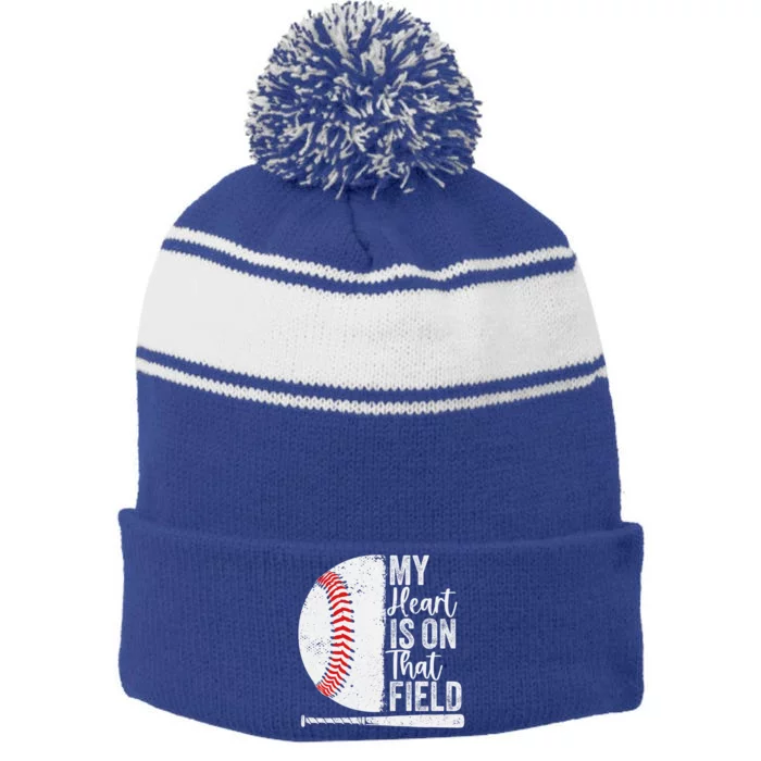 My Heart Is On That Baseball Field Proud Baseball Dad Fan Gift Stripe Pom Pom Beanie