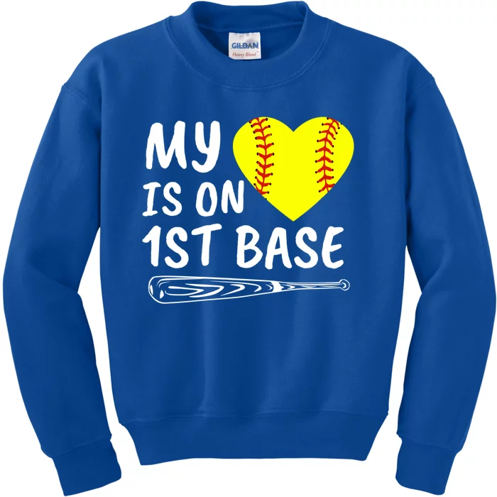 My Heart Is On 1st Base Softball Bat Proud Mom Dad Gift Kids Sweatshirt