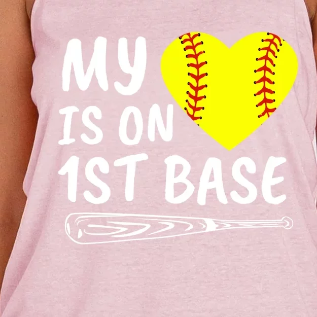 My Heart Is On 1st Base Softball Bat Proud Mom Dad Gift Women's Knotted Racerback Tank