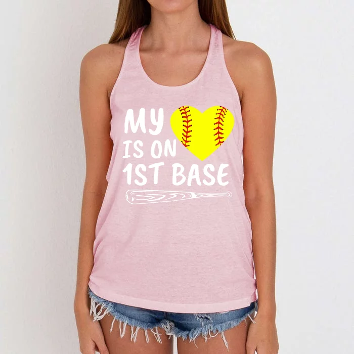 My Heart Is On 1st Base Softball Bat Proud Mom Dad Gift Women's Knotted Racerback Tank