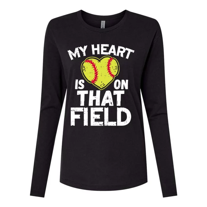 My Heart Is On That Field Softball Gift For Mom Dad Gift Womens Cotton Relaxed Long Sleeve T-Shirt