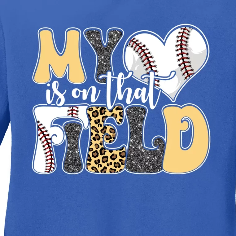 My Heart Is On That Field Tee Leopard Baseball Softball Mom Gift Ladies Long Sleeve Shirt