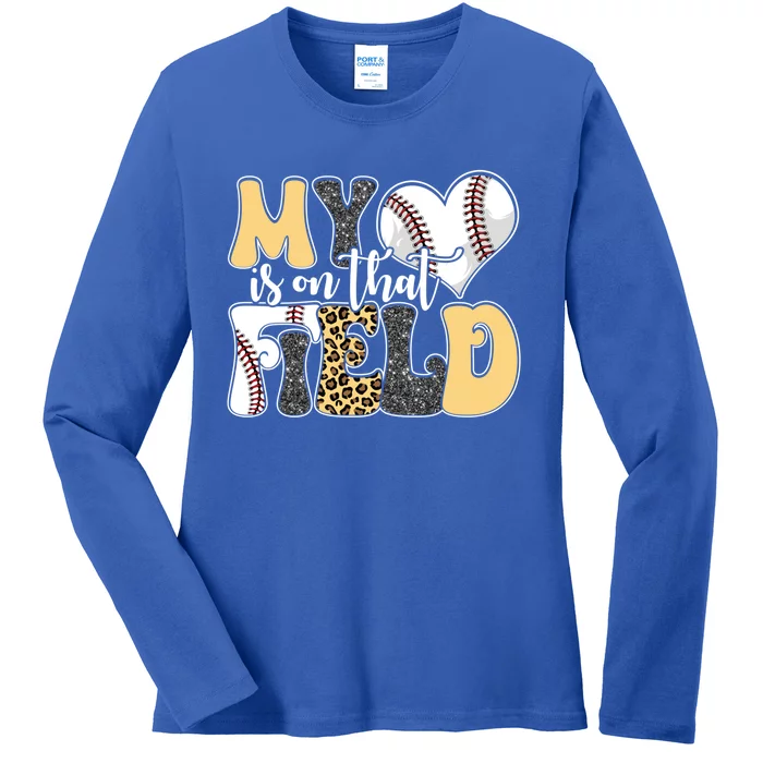 My Heart Is On That Field Tee Leopard Baseball Softball Mom Gift Ladies Long Sleeve Shirt