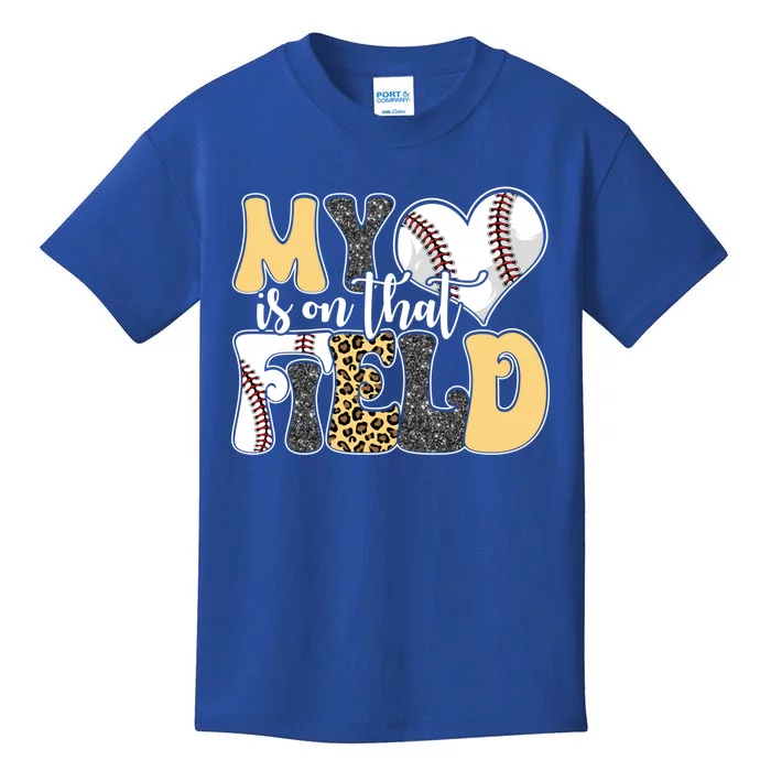 My Heart Is On That Field Tee Leopard Baseball Softball Mom Gift Kids T-Shirt