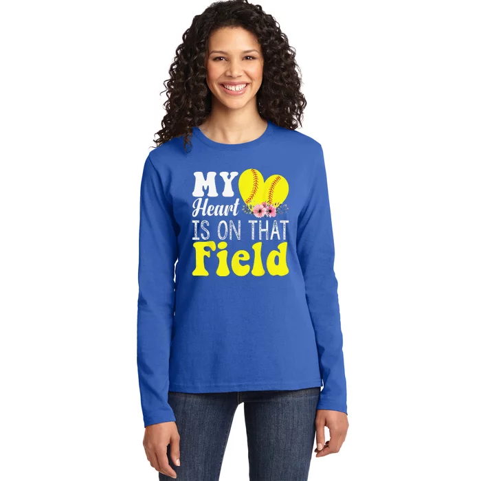 My Heart Is On That Field Baseball Tee Softball Mom Gifts Ladies Long Sleeve Shirt