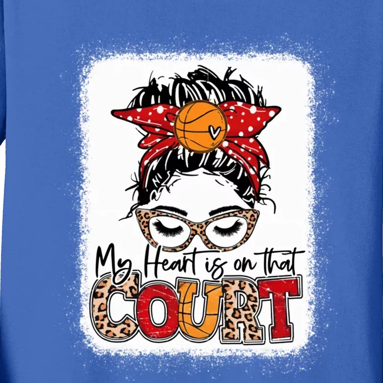 My Heart Is On That Court Basketball Leopard Basketball Mom Gift Kids Long Sleeve Shirt