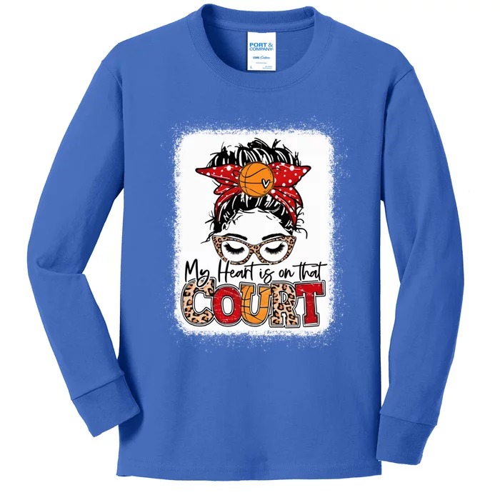 My Heart Is On That Court Basketball Leopard Basketball Mom Gift Kids Long Sleeve Shirt