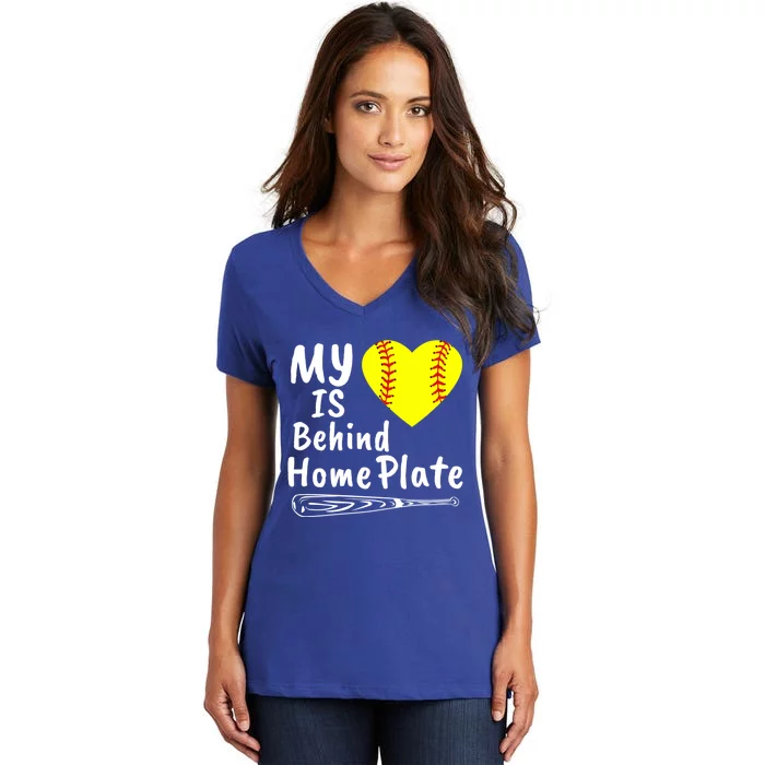 My Heart Is Behind Home Plate Softball Proud Mom Dad Gift Women's V-Neck T-Shirt