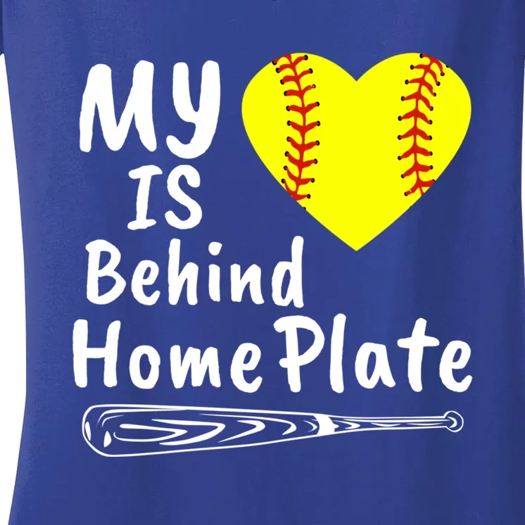 My Heart Is Behind Home Plate Softball Proud Mom Dad Gift Women's V-Neck T-Shirt