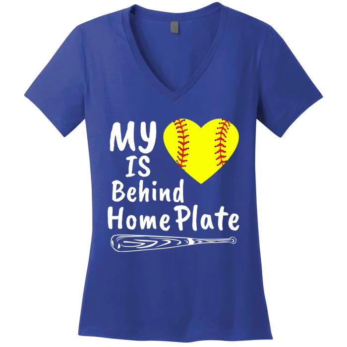 My Heart Is Behind Home Plate Softball Proud Mom Dad Gift Women's V-Neck T-Shirt