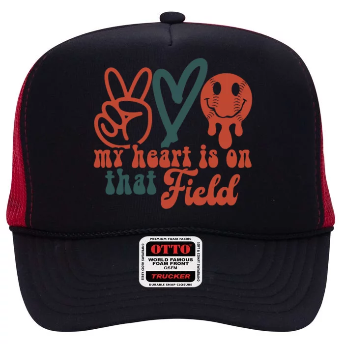 My Heart Is On That Field Retro Gift Peace Love Baseball Gift High Crown Mesh Trucker Hat