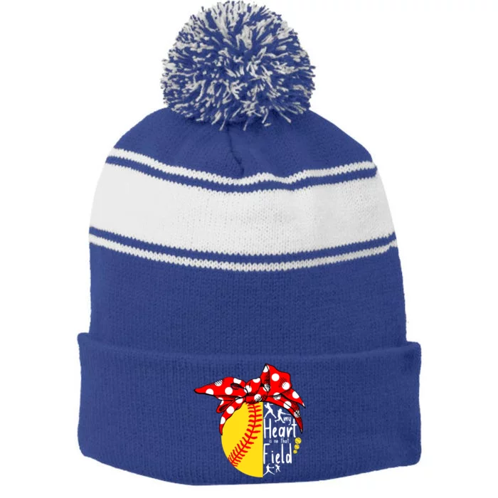 My Heart Is On That Field Tee Baseball Softball Mama Gift Stripe Pom Pom Beanie