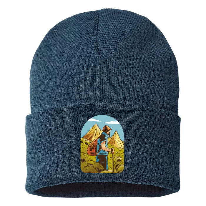 Man Hiking In The Mountains Sustainable Knit Beanie