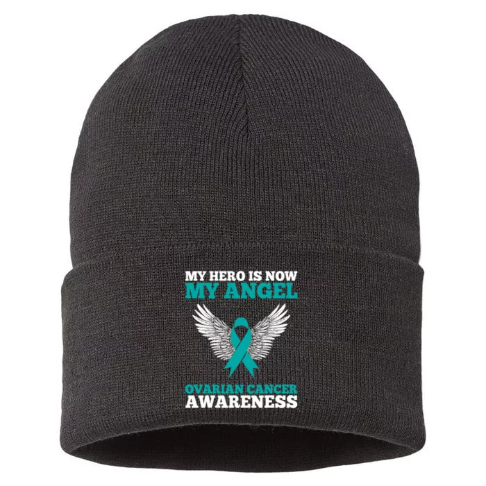 My Hero Is Now My Angel Ovarian Cancer Awareness Teal Ribbon Sustainable Knit Beanie