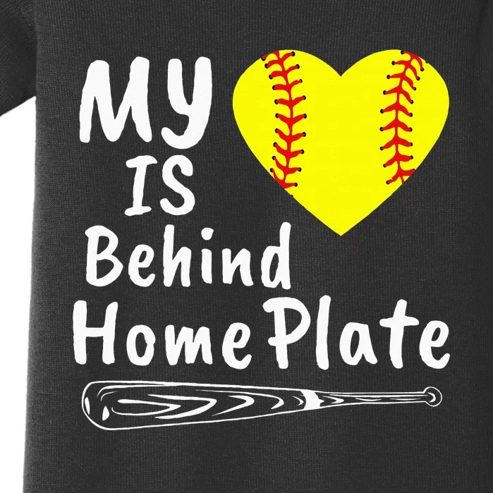 My Heart Is Behind Home Plate Softball Proud Mom Dad Baby Bodysuit