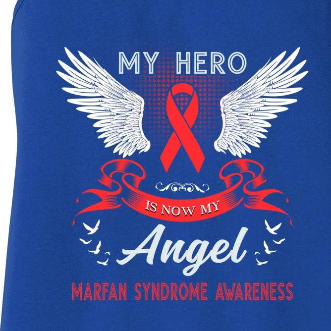 My Hero Is Now My Angel Marfan Syndrome Awareness Red Ribbon Funny Gift Women's Racerback Tank