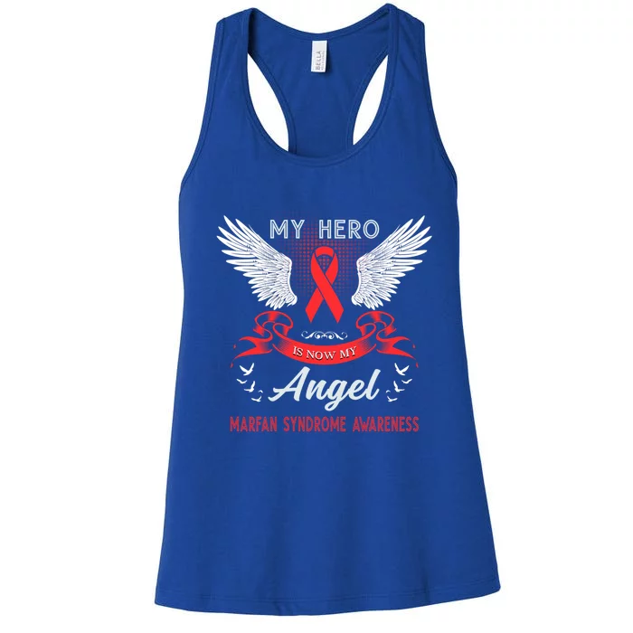 My Hero Is Now My Angel Marfan Syndrome Awareness Red Ribbon Funny Gift Women's Racerback Tank