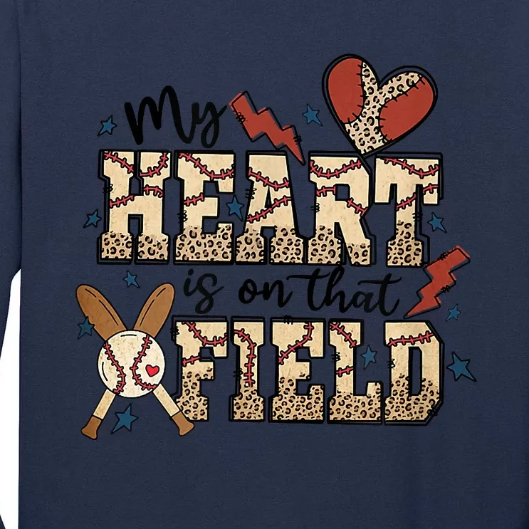 My Heart Is On That Field Baseball Leopard Mom Softball Tee Tall Long Sleeve T-Shirt