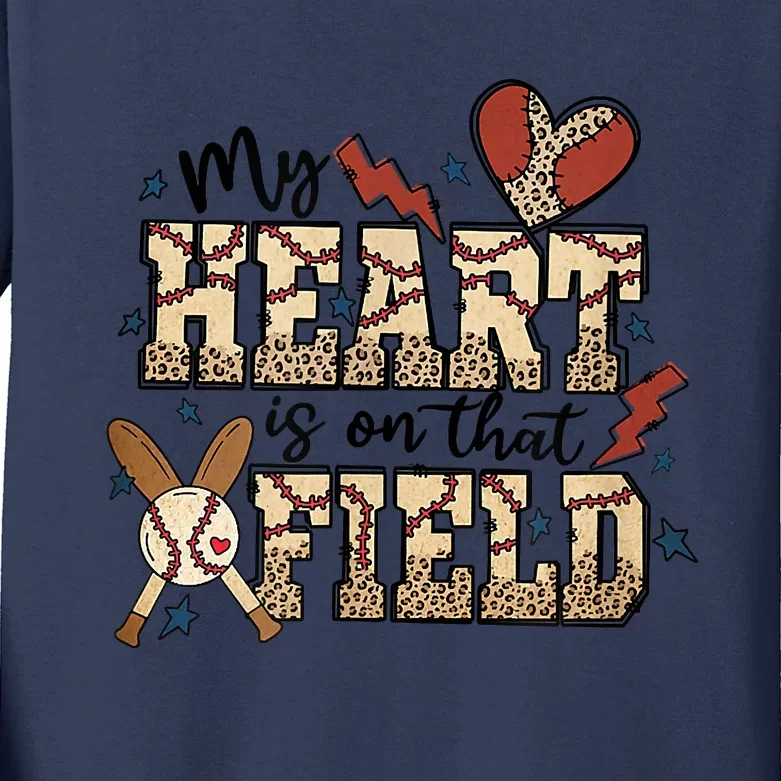 My Heart Is On That Field Baseball Leopard Mom Softball Tee Kids Long Sleeve Shirt