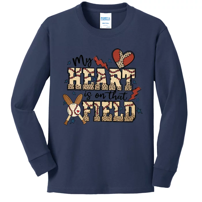 My Heart Is On That Field Baseball Leopard Mom Softball Tee Kids Long Sleeve Shirt