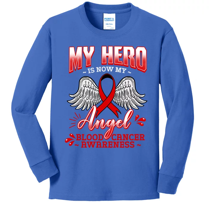 My Hero Is Now My Angel Blood Cancer Leukemia Red Ribbon Gift Kids Long Sleeve Shirt