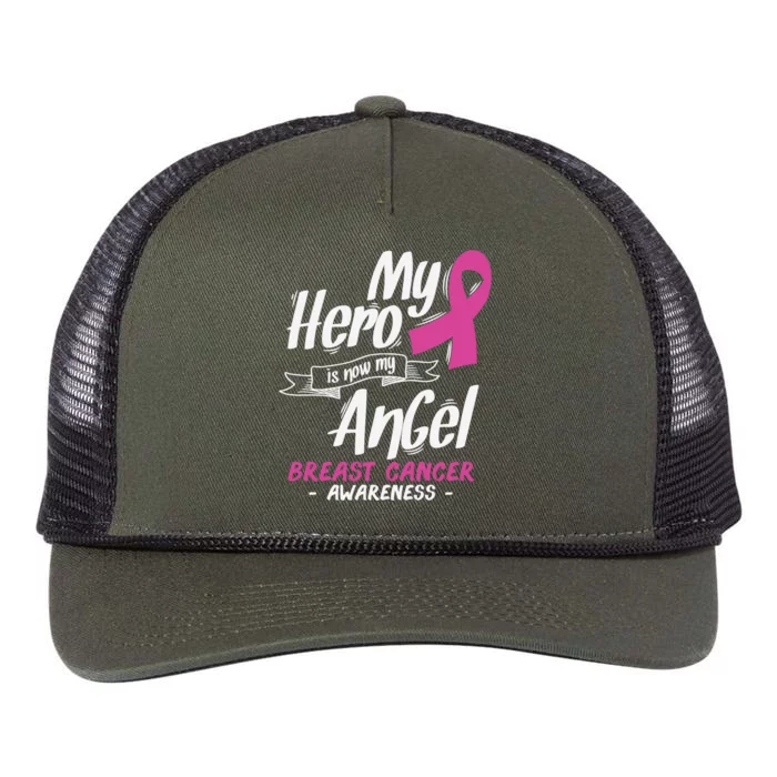 My Hero Is Now My Angel Breast Cancer Pink Ribbon Wings Cool Gift Retro Rope Trucker Hat Cap