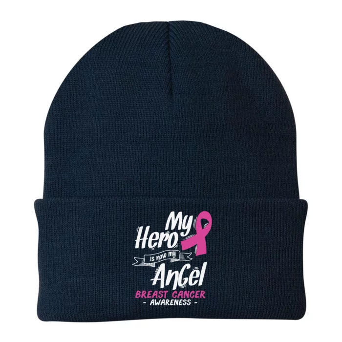 My Hero Is Now My Angel Breast Cancer Pink Ribbon Wings Cool Gift Knit Cap Winter Beanie