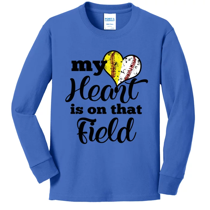 My Heart Is On That Field Baseball Softball Parent Gift Kids Long Sleeve Shirt