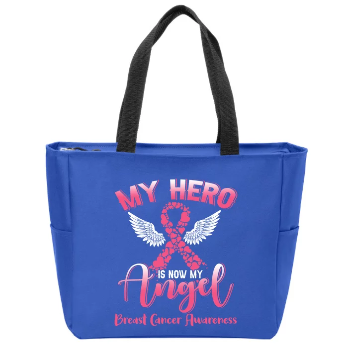 My Hero Is Now My Angel Breast Cancer Pink Ribbon Wings Funny Gift Zip Tote Bag