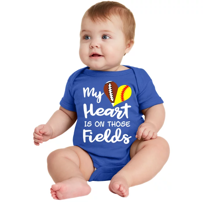 My Heart Is On Those Fields Football Softball Player Mom Gift Baby Bodysuit