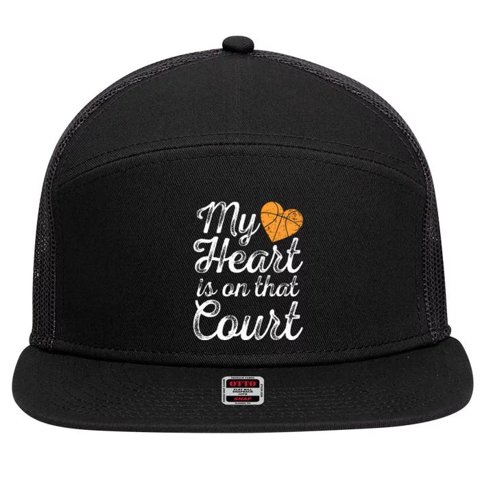 My Heart Is On That Court Women Basketball Mom 7 Panel Mesh Trucker Snapback Hat