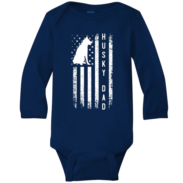 Men Husky Lover Gift Siberian Husky Dad American Flag Dog Lover Baby Long Sleeve Bodysuit