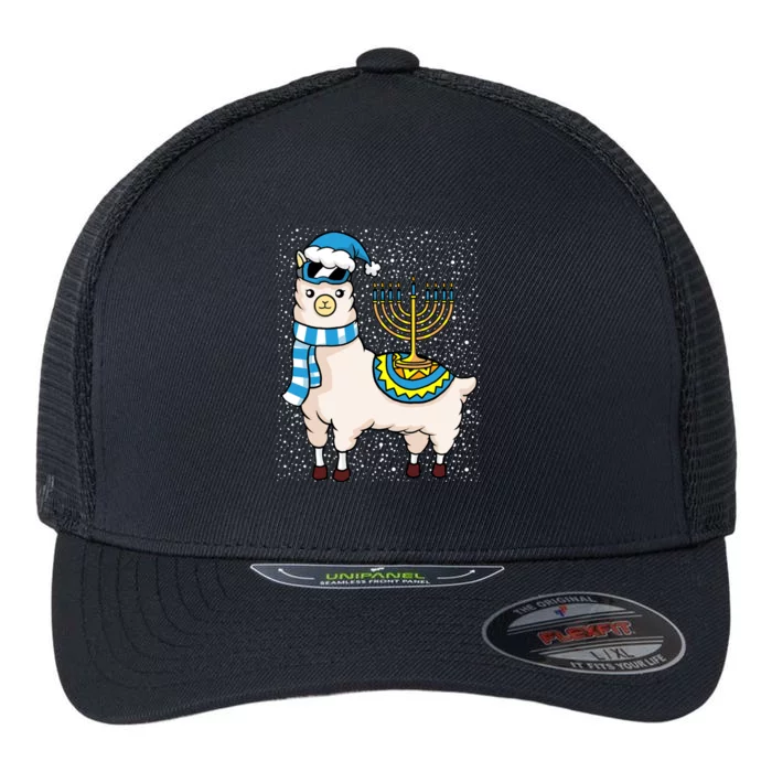 Menorah Hanukkah Llama Cute Alpaca Chanukah Flexfit Unipanel Trucker Cap