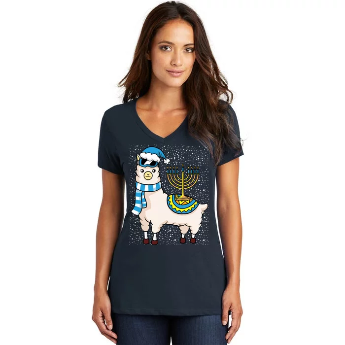 Menorah Hanukkah Llama Cute Alpaca Chanukah Women's V-Neck T-Shirt