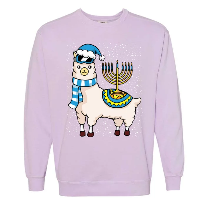 Menorah Hanukkah Llama Cute Alpaca Chanukah Garment-Dyed Sweatshirt