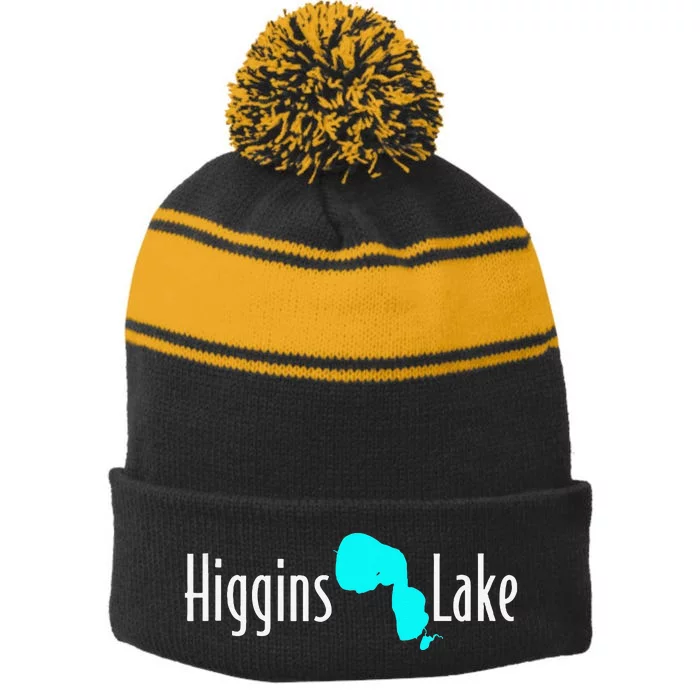 Minimalist Higgins Lake Michigan Stripe Pom Pom Beanie