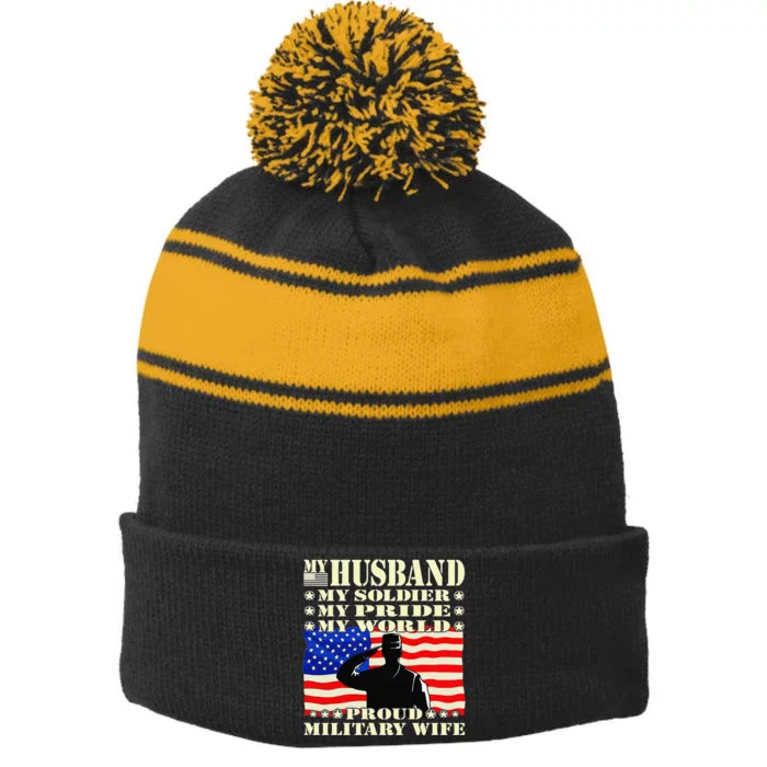 My Husband My Soldier Hero Proud Military Wife Army Spouse Stripe Pom Pom Beanie