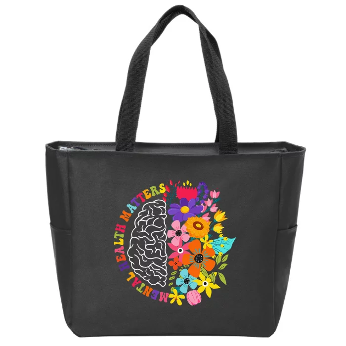 Mental Health Matters Floral Human Brain Illness Awareness Zip Tote Bag