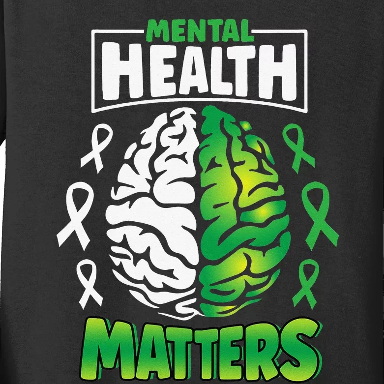 Mental Health Matters Spread Awareness Brain Green Ribbon Kids Long Sleeve Shirt